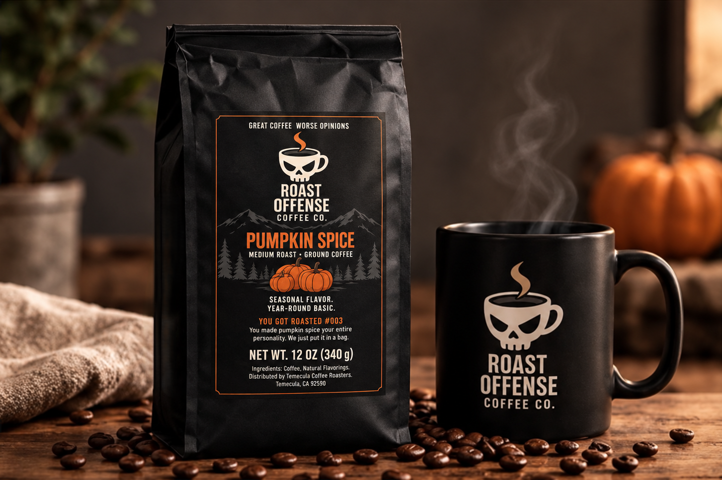 Roast Offense Pumpkin Spice coffee bag with branded mug